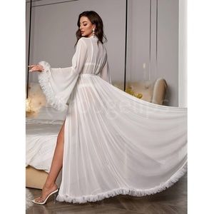 White Mesh Robe Belted, Trumpet Sleeve, Long and Sheer, Ruffle Detail
